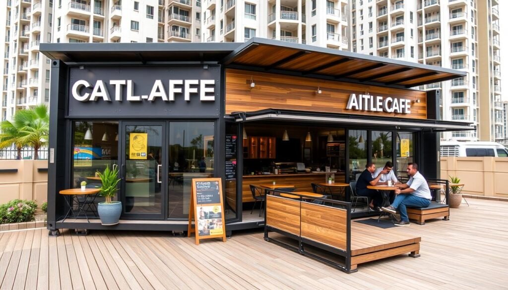 Stylish container cafe in Sector 137, Noida with modern exterior design and branding Stylish container cafe in Sector 137, Noida with modern exterior design and branding