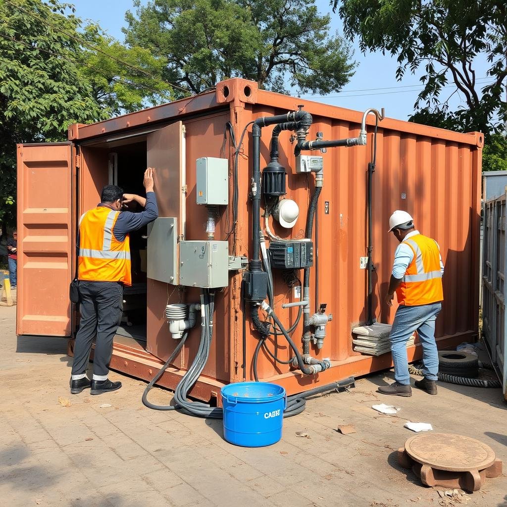 Technicians connecting utilities to a newly placed container cafe Technicians connecting utilities to a newly placed container cafe