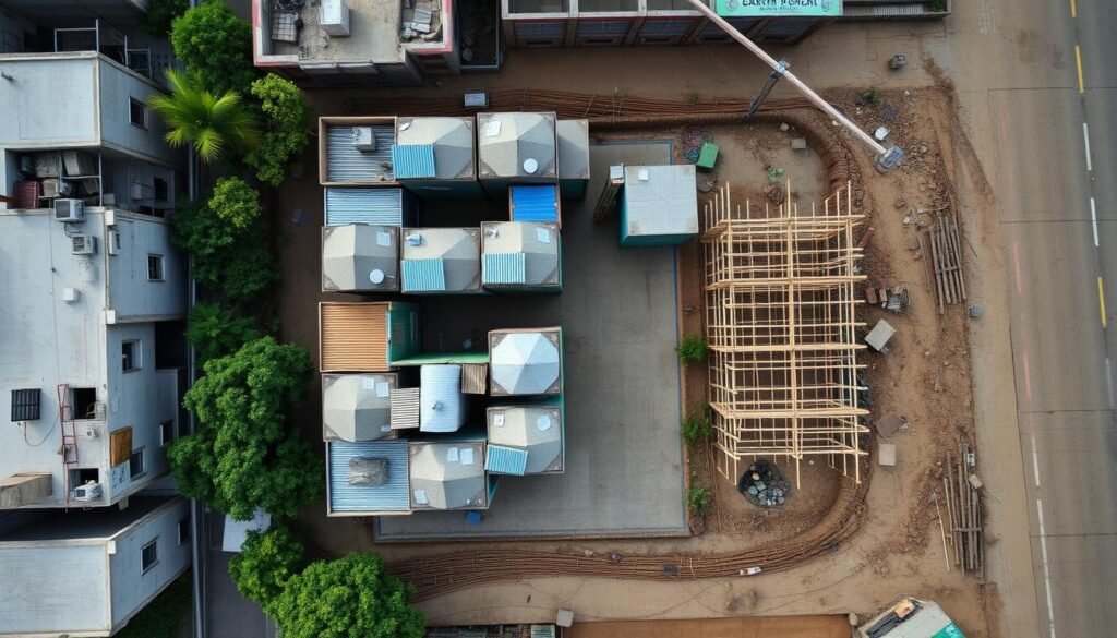 Top-view of compact hutments near a school site in Mayur Vihar Top-view of compact hutments near a school site in Mayur Vihar