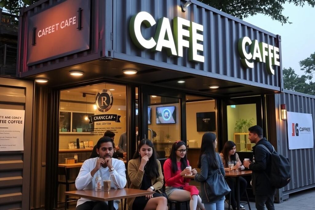Trendy container cafe in Rajouri Garden with young customers and nighttime lighting Trendy container cafe in Rajouri Garden with young customers and nighttime lighting