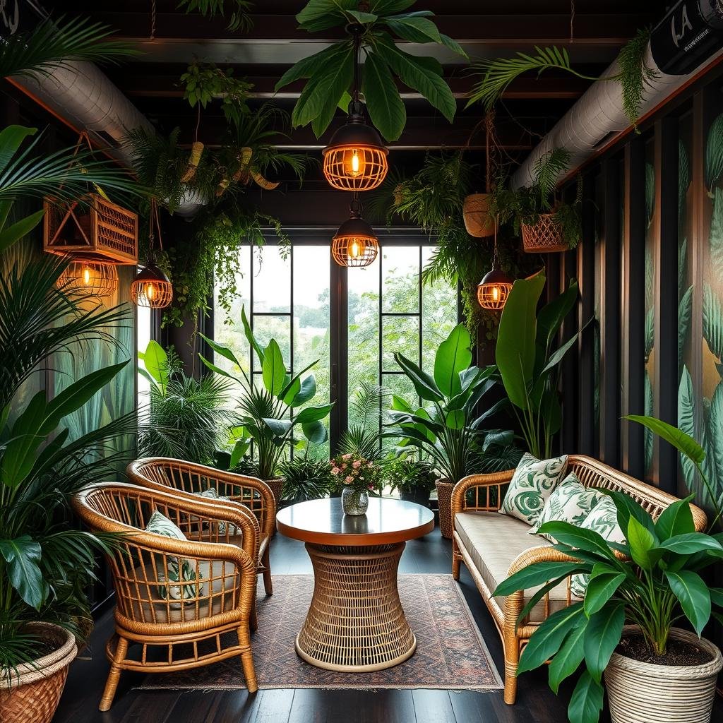 Tropical-themed interior of a container cafe on Sohna Road Tropical-themed interior of a container cafe on Sohna Road