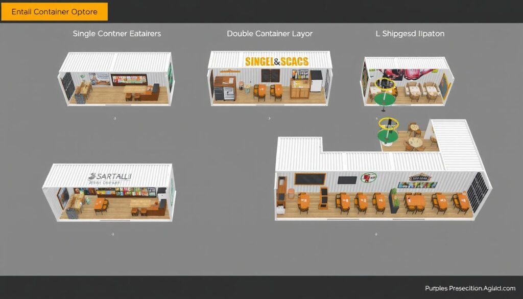 Various container cafe layouts showing flexibility for different Gurgaon locations Various container cafe layouts showing flexibility for different Gurgaon locations