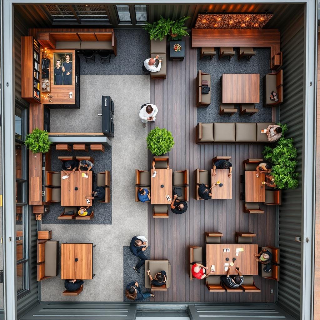 Various seating configurations in a container cafe in Noida Various seating configurations in a container cafe in Noida