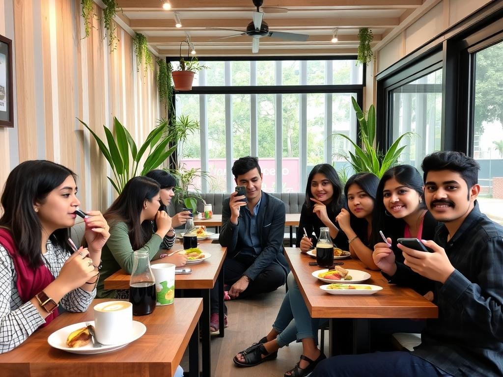 Young professionals enjoying coffee at a trendy container cafe in Rajouri Garden Young professionals enjoying coffee at a trendy container cafe in Rajouri Garden